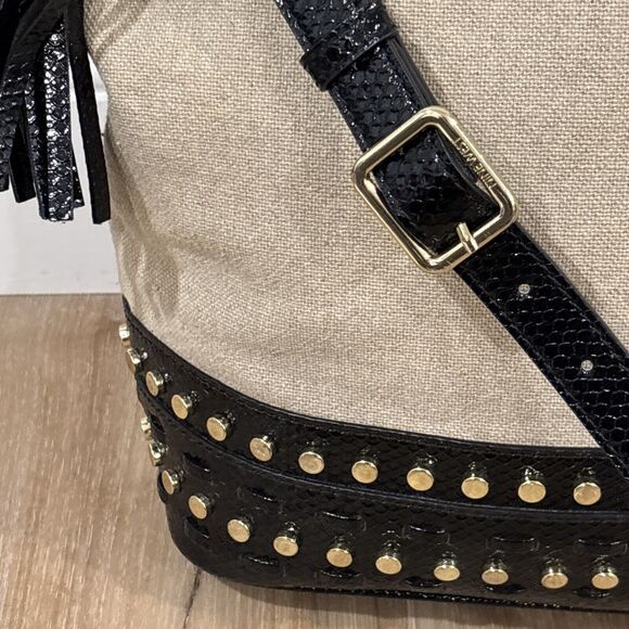 Nine West Canvas Shoulder Bag Black Patent Leather Nailhead Trim Tassle 10x12 - Picture 3 of 16